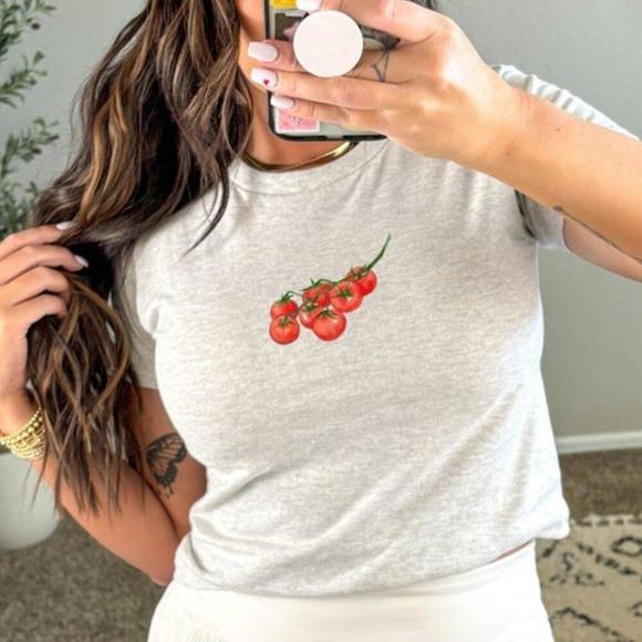 Tops - Cherry Tomato Shirt, Retro Coquette Aesthetic Tee, Y2K Foodie Crop Top
